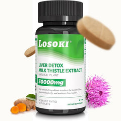 Losoki Liver Detox bottle shows 30,000 mg milk thistle blend for daily liver support.
