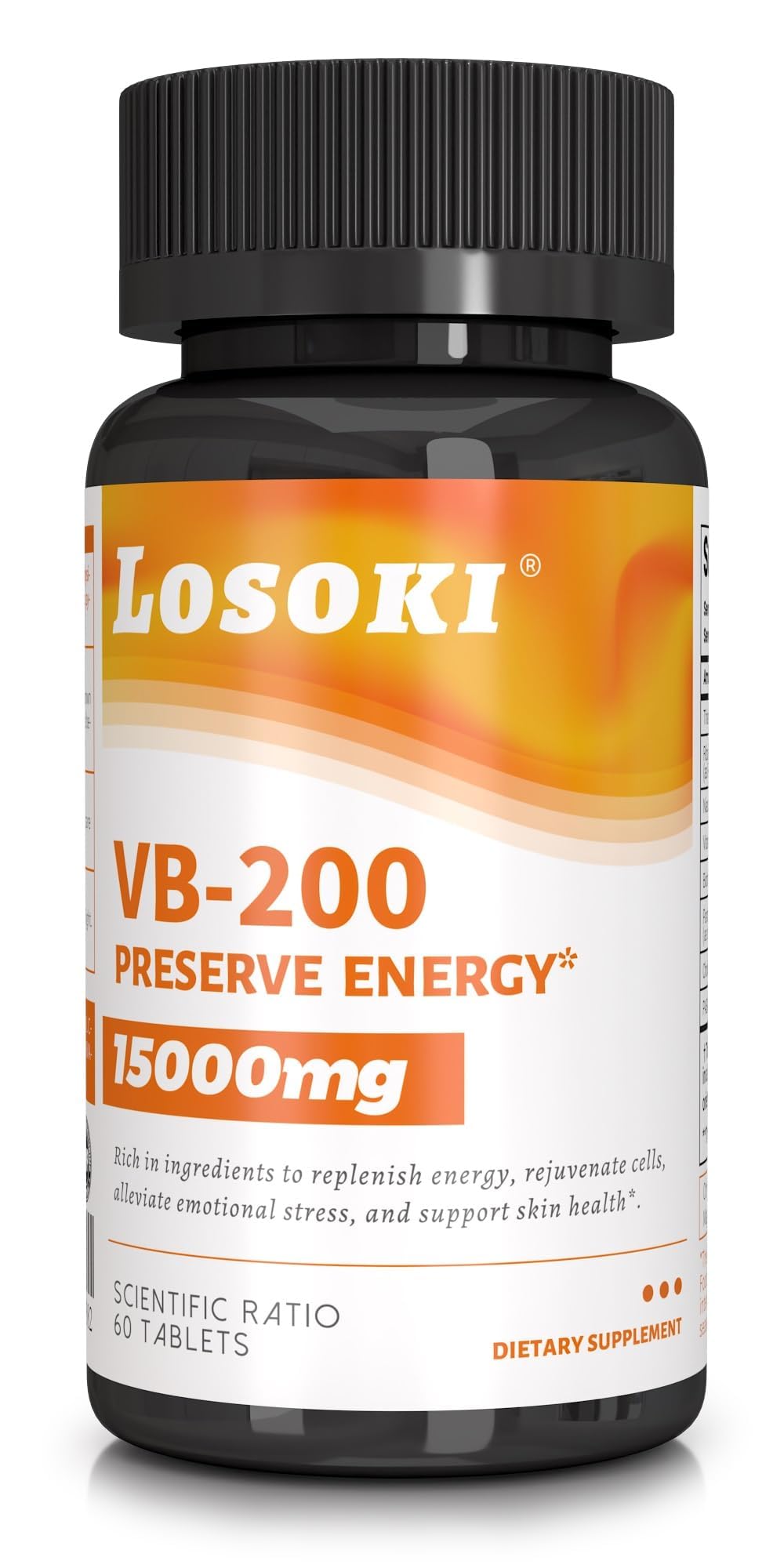 Losoki VB-200 bottle front highlighting energy support with high-potency B vitamins.