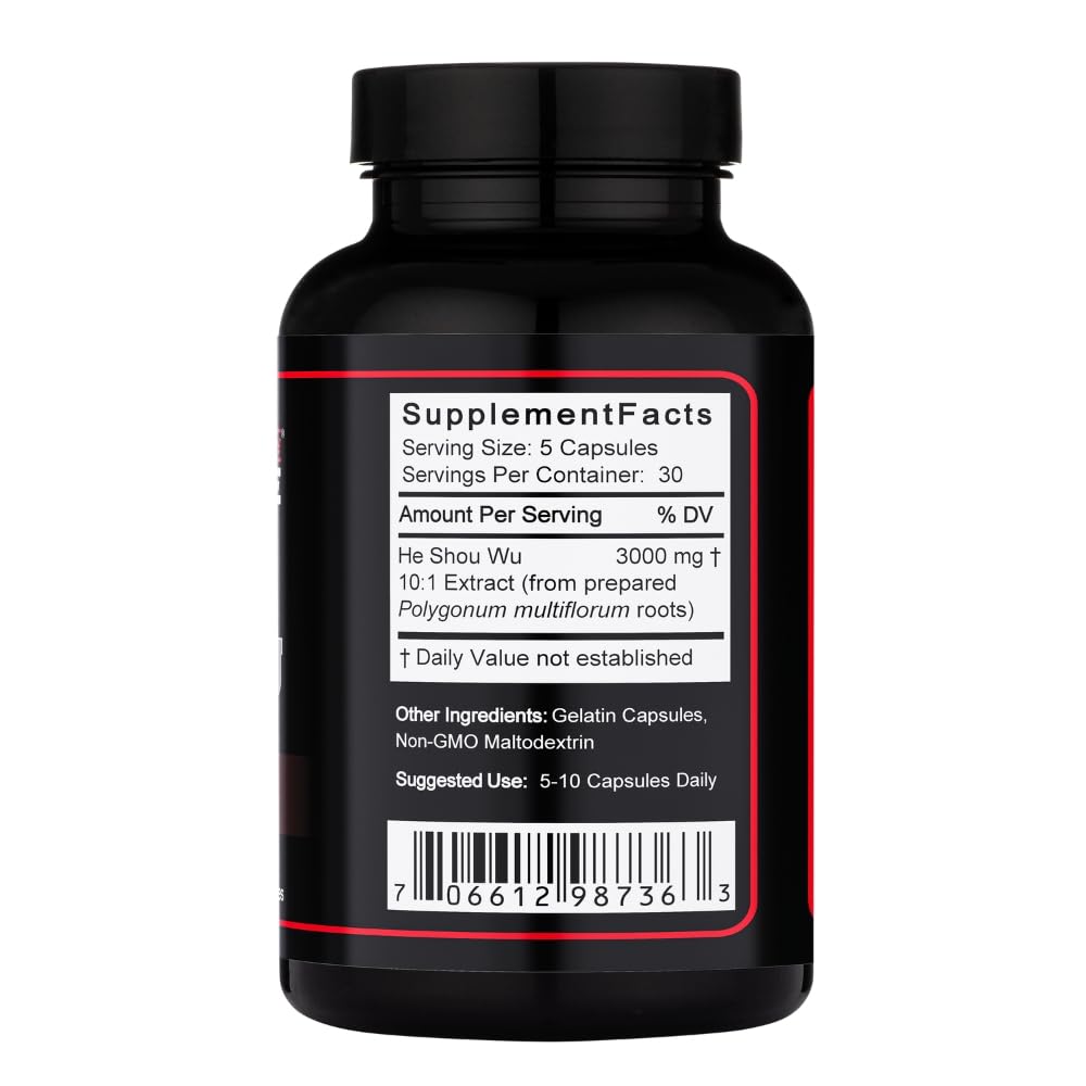 Lost Empire Herbs He Shou Wu label close up highlighting traditional wellness benefits.