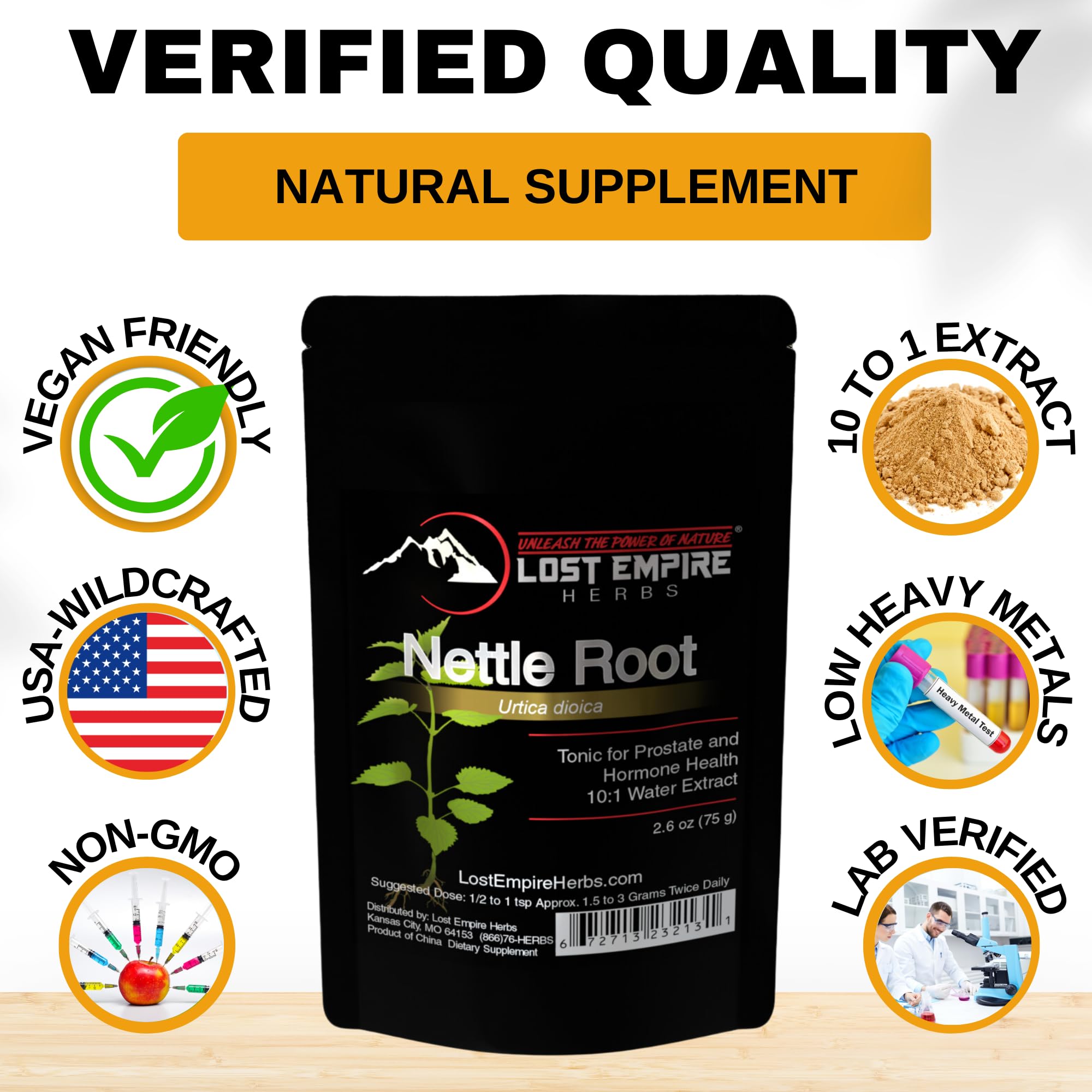 Lost Empire Herbs bottle with dosing spoon enables easy daily nettle use.
