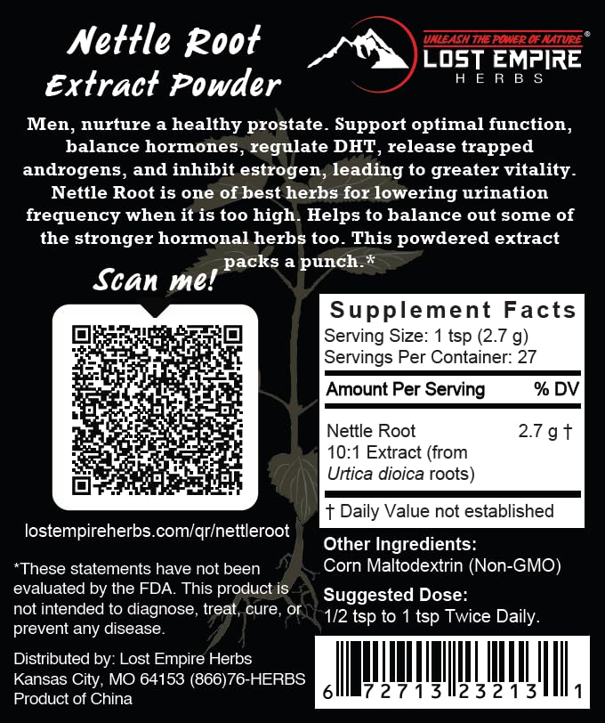 Lost Empire Herbs nettle root lab-tested bottle shows purity and safety.