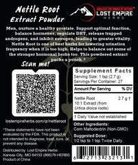 Lost Empire Herbs nettle root lab-tested bottle shows purity and safety.