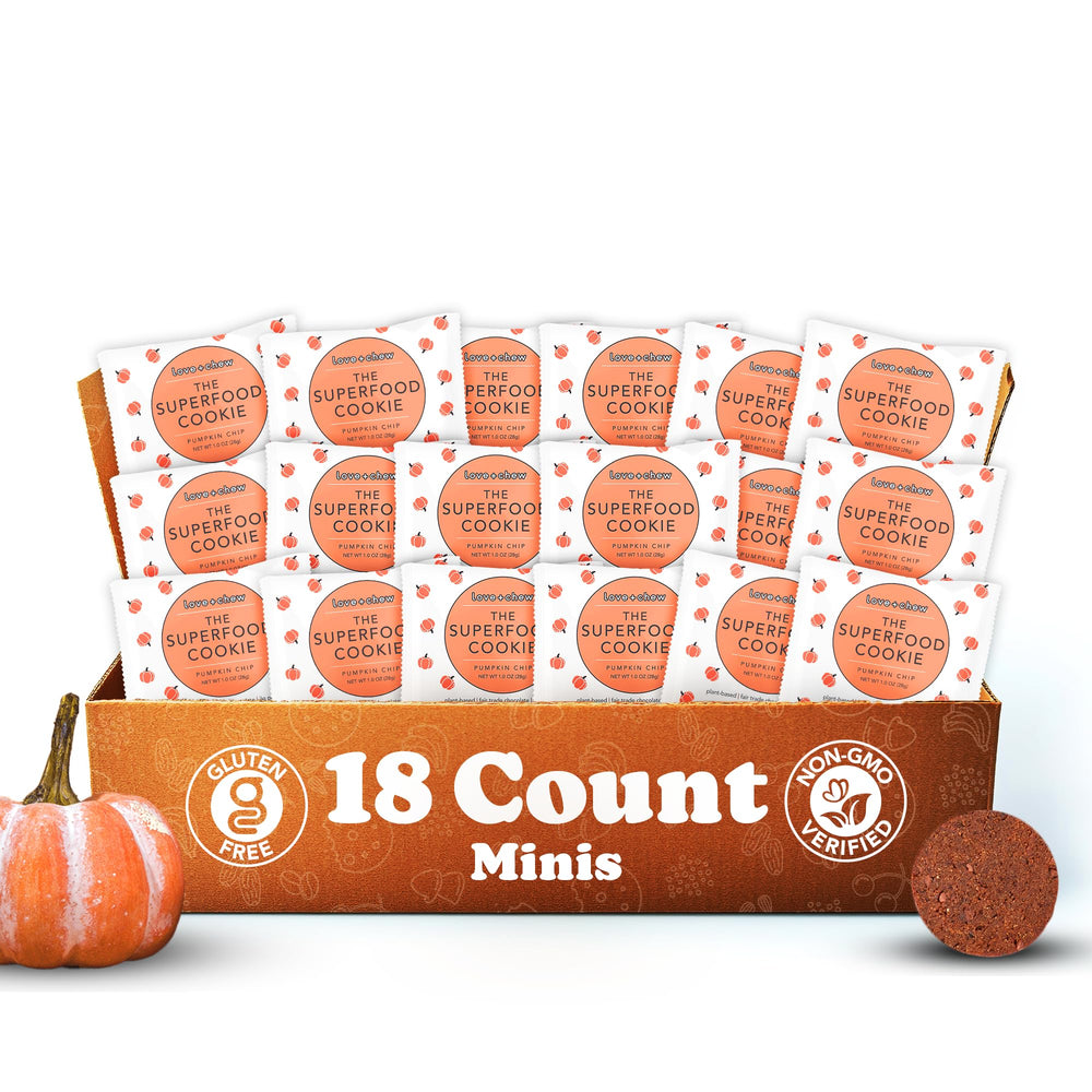 Love + Chew mini vegan cookies packaging highlights gluten-free, plant-based snacking.