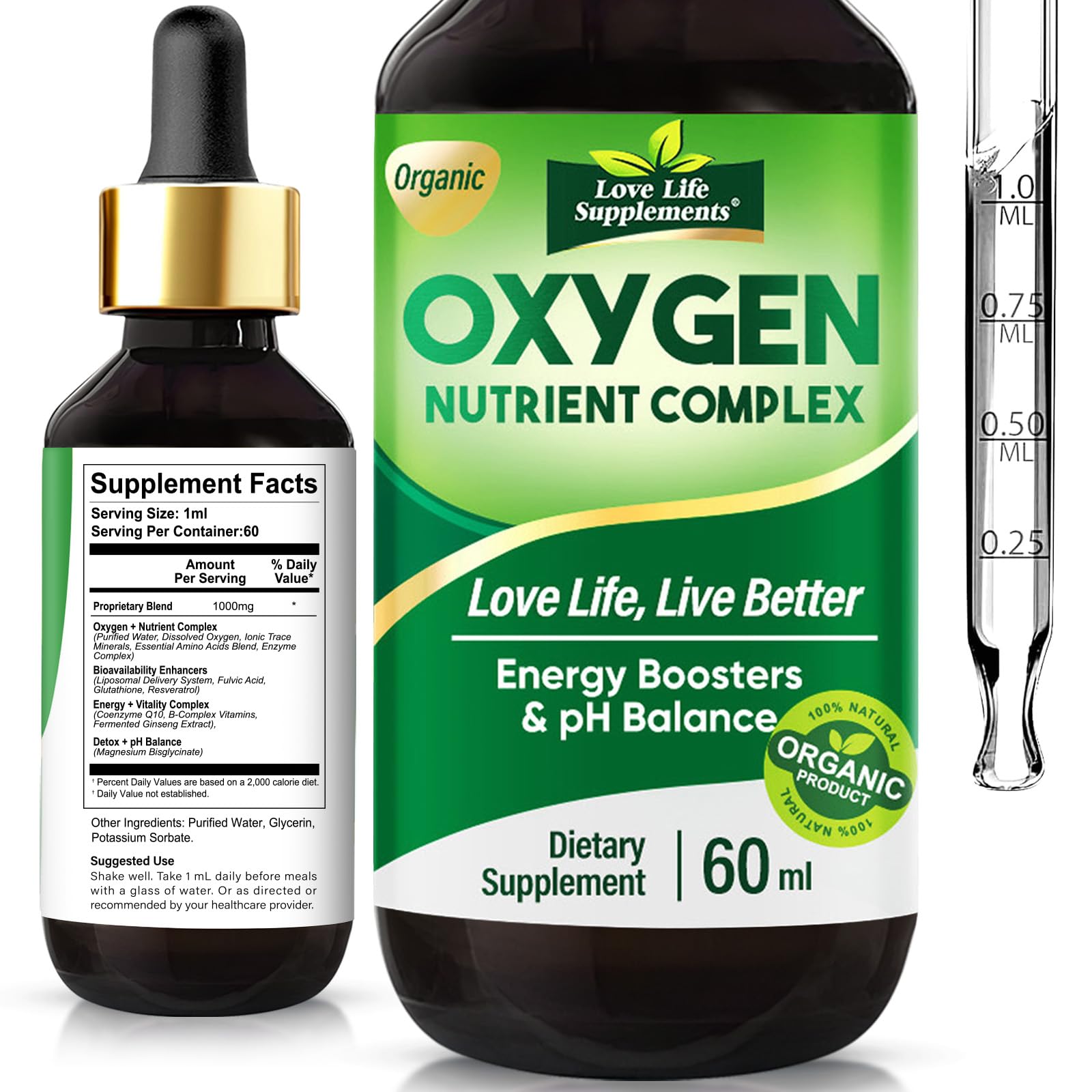 Love Life Supplements bottle of liquid oxygen drops for rapid vitality boost