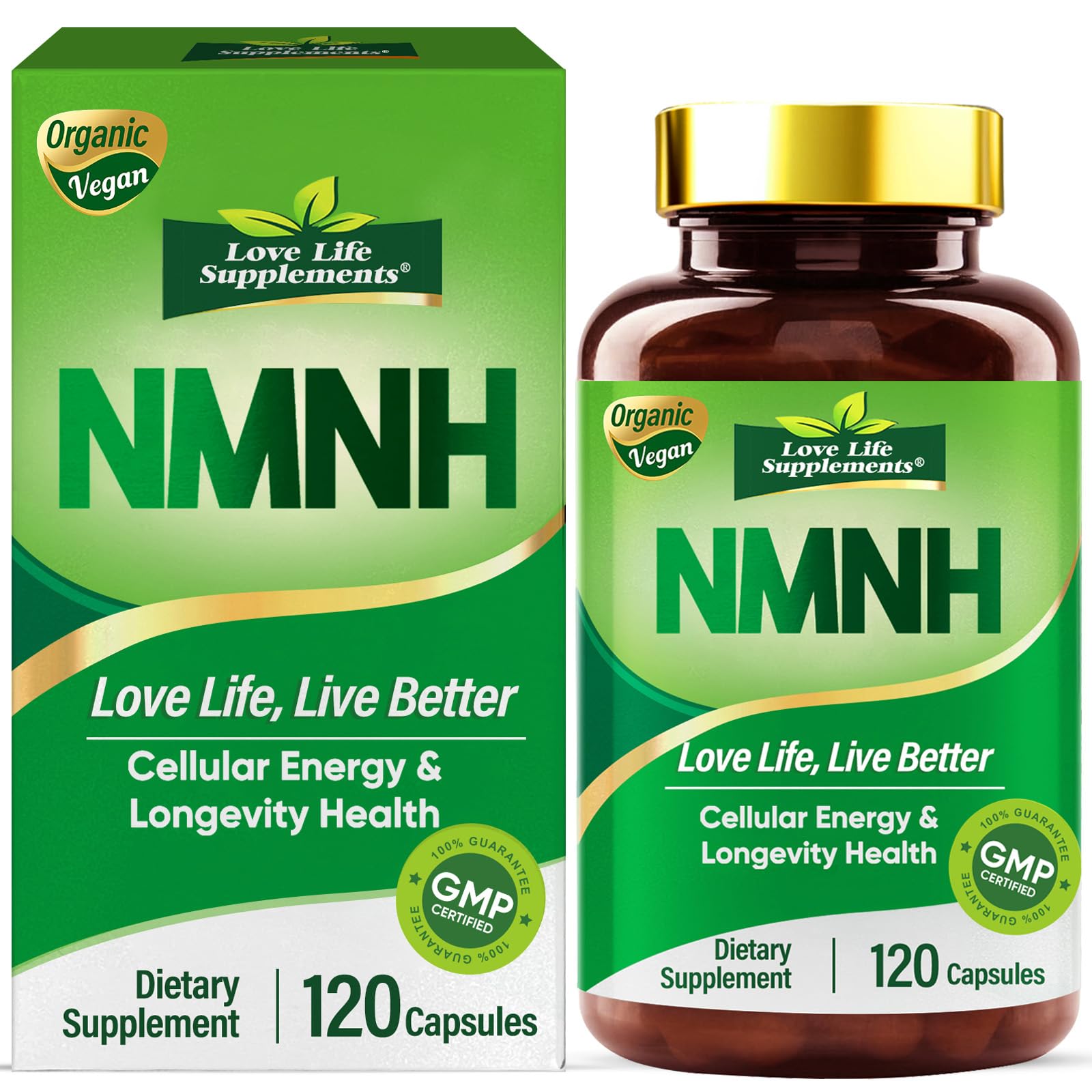 Love Life NMNH bottle front showcasing potent NMNH for sustained energy and cellular health.