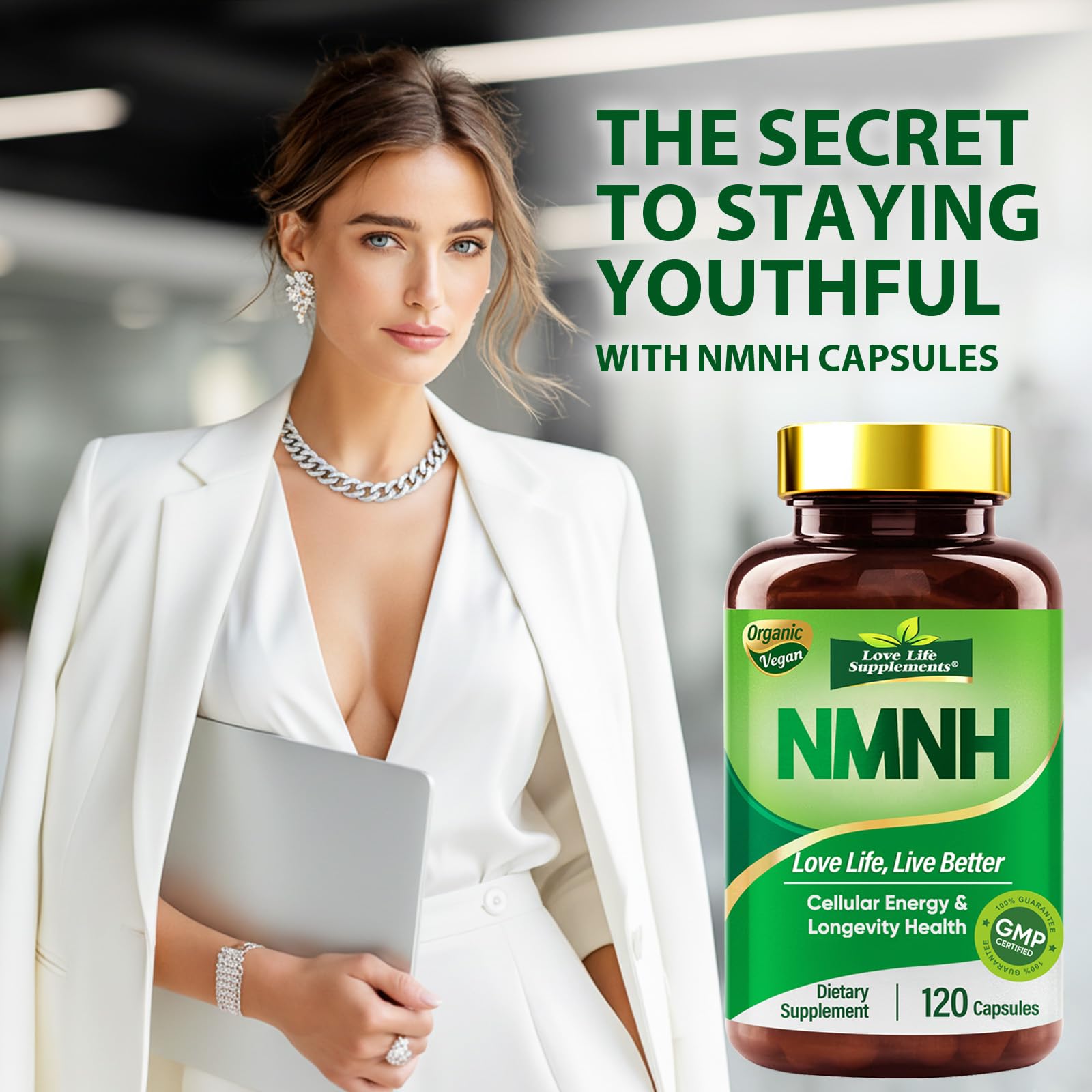 Love Life NMNH capsules closeup highlights easy two-capsule daily dosing for daily vitality.
