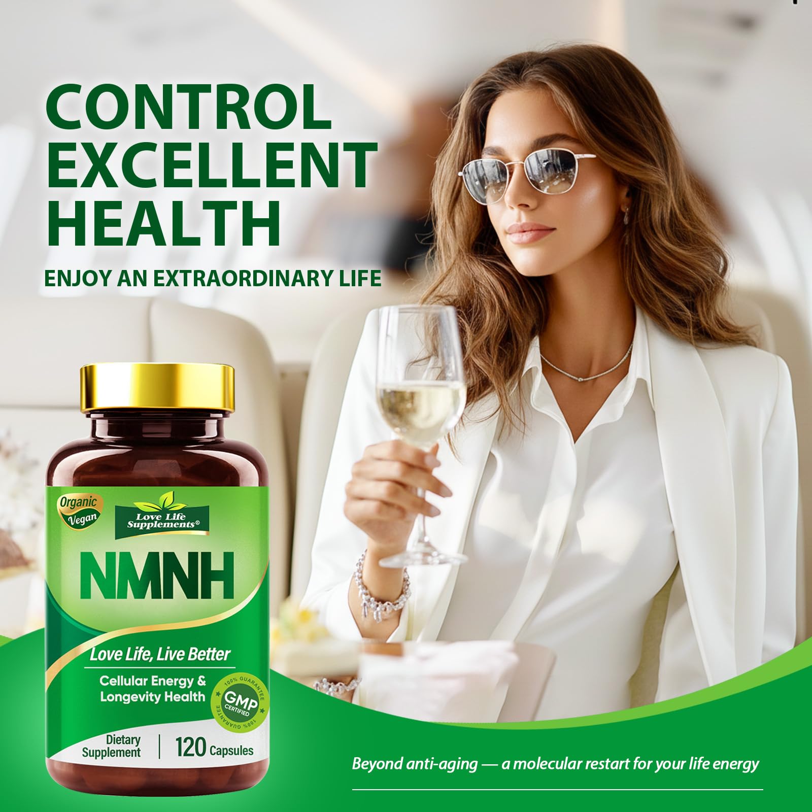Love Life NMNH daily dose shows two-capsule serving for easy routine integration.