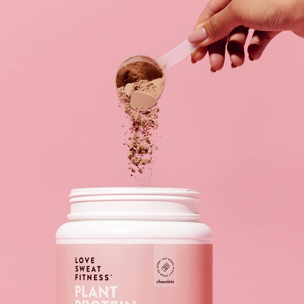 Love Sweat Fitness chocolate protein powder packaging highlights clean, gluten-free, non-GMO credentials