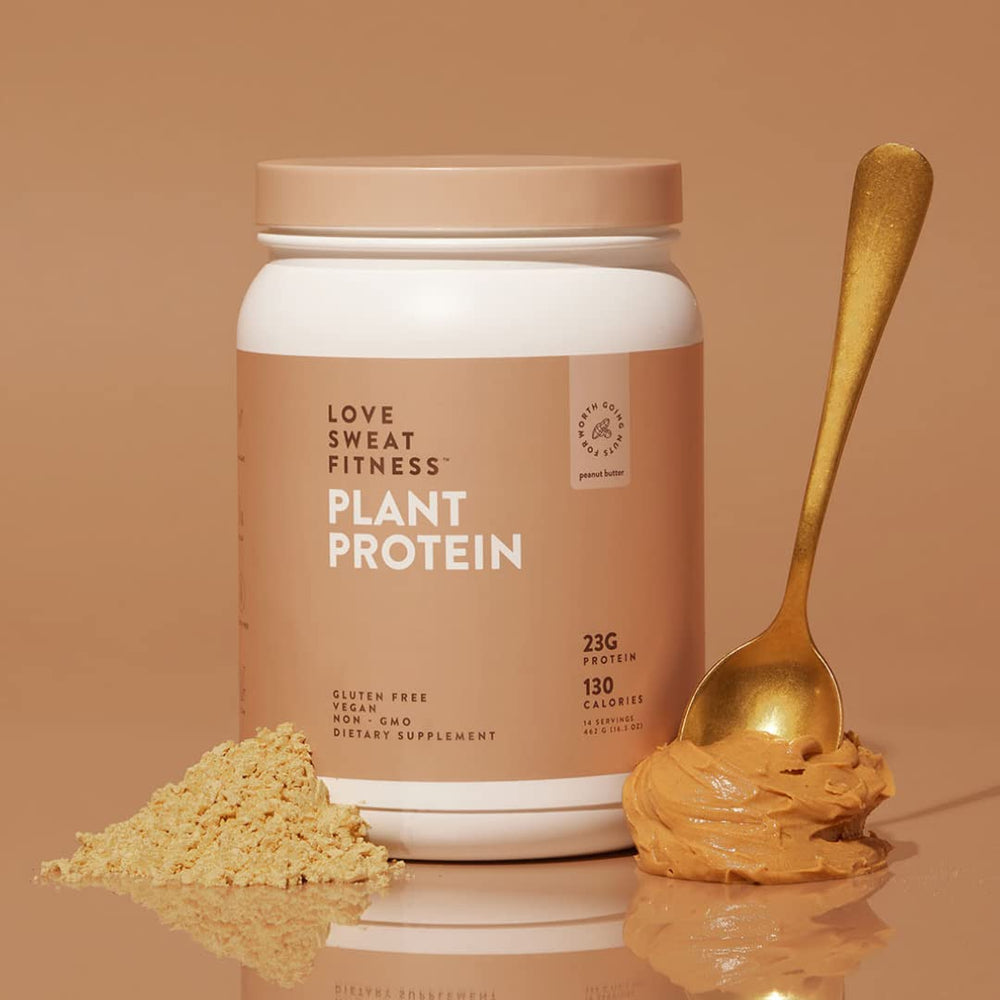 Love Sweat Fitness gluten-free badge signals allergy-friendly protein option.