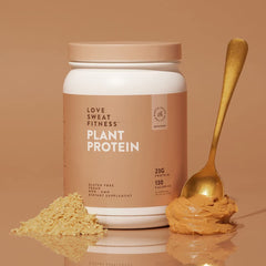 Love Sweat Fitness gluten-free badge signals allergy-friendly protein option.