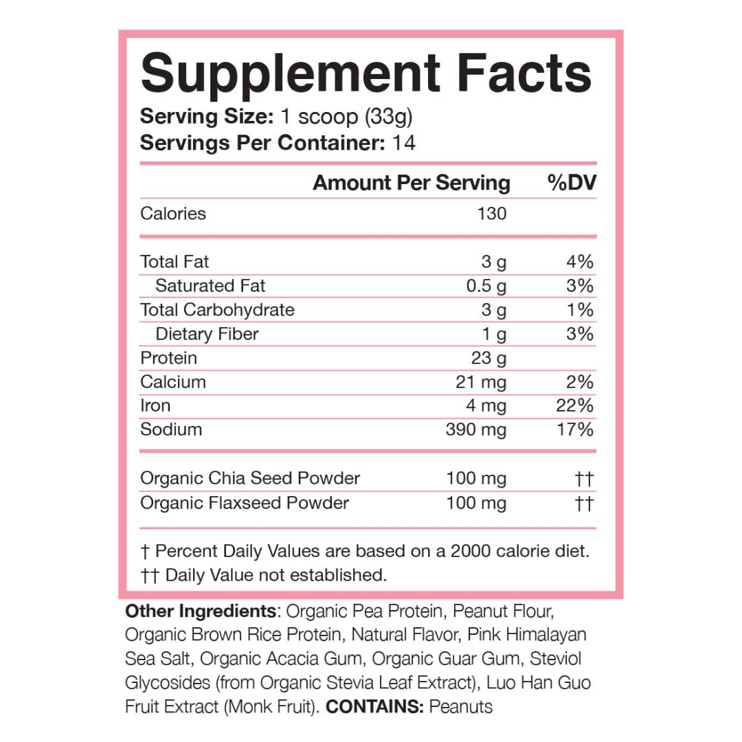 Love Sweat Fitness organic pea and brown rice protein blend close-up shows clean ingredients for plant-based fueling.