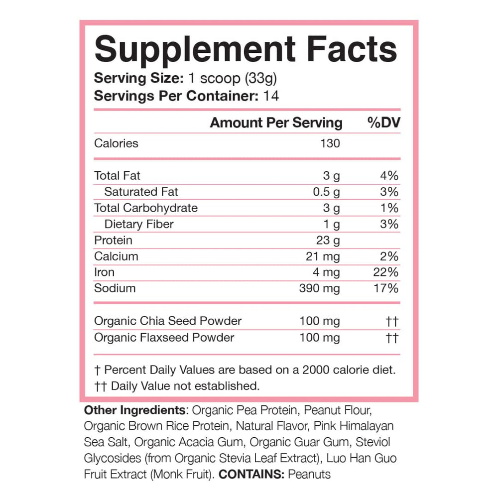 Love Sweat Fitness organic pea and brown rice protein blend close-up shows clean ingredients for plant-based fueling.