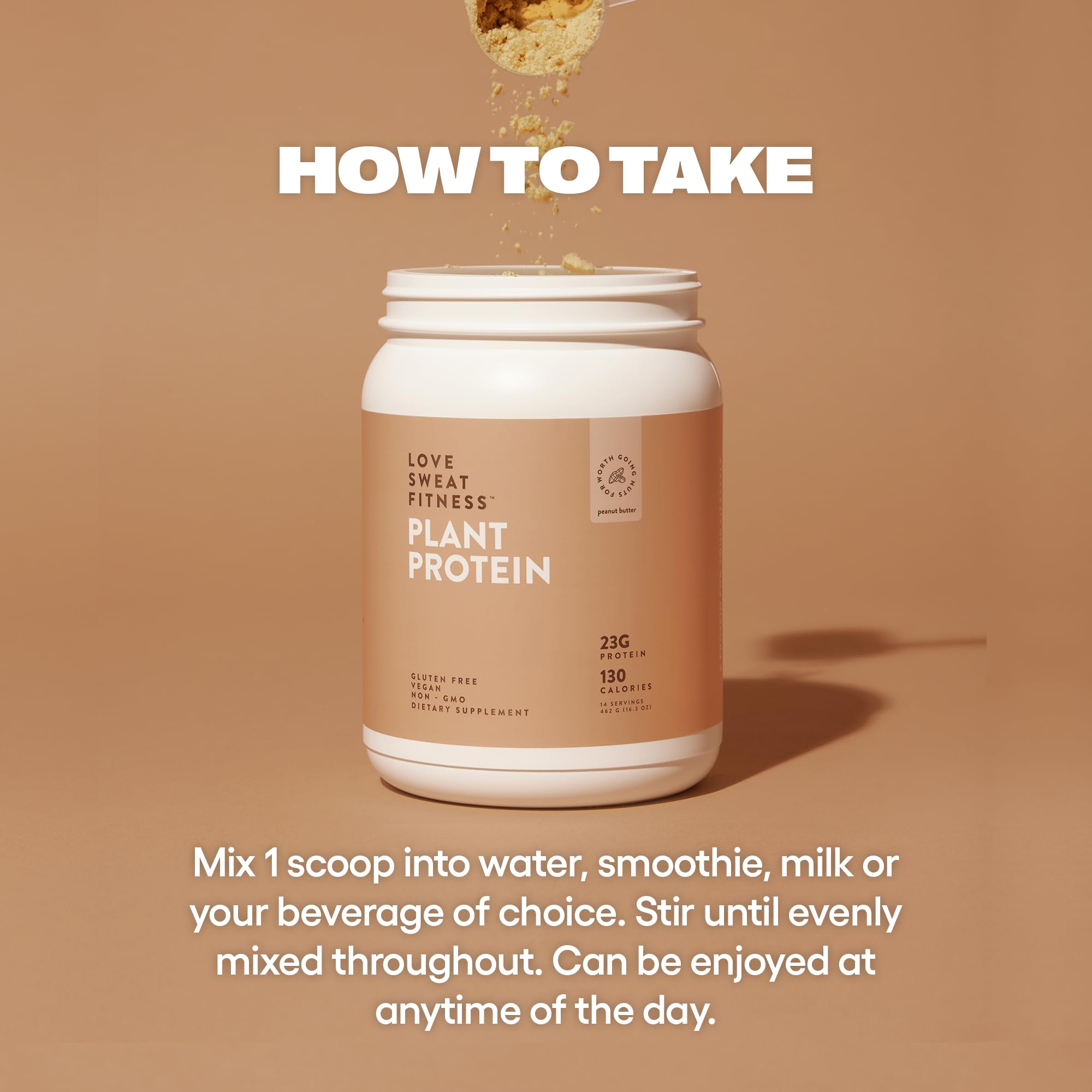 Love Sweat Fitness vegan protein scoop in shaker for quick post-workout protein.
