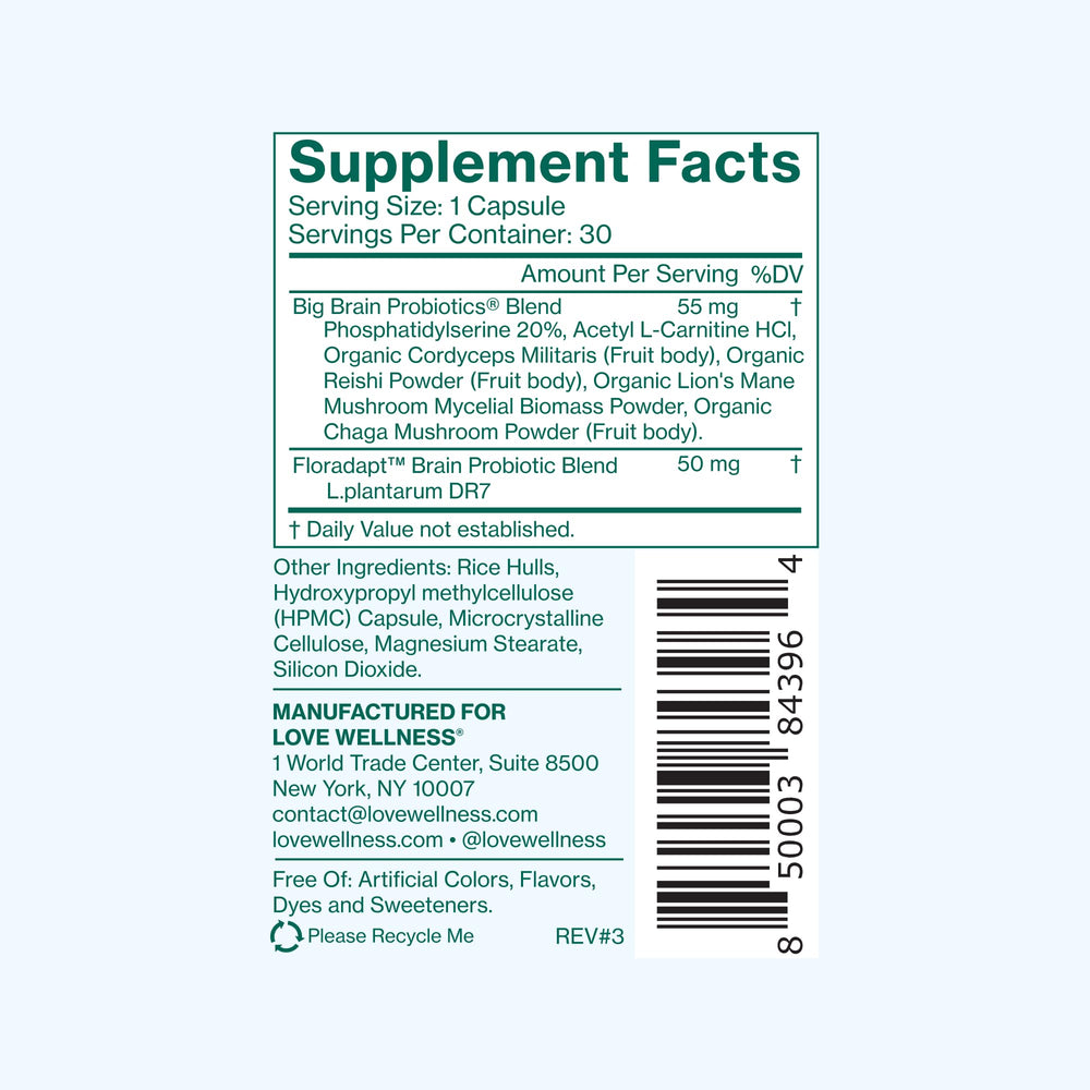 Love Wellness Big Brain label detail highlighting probiotic strains.