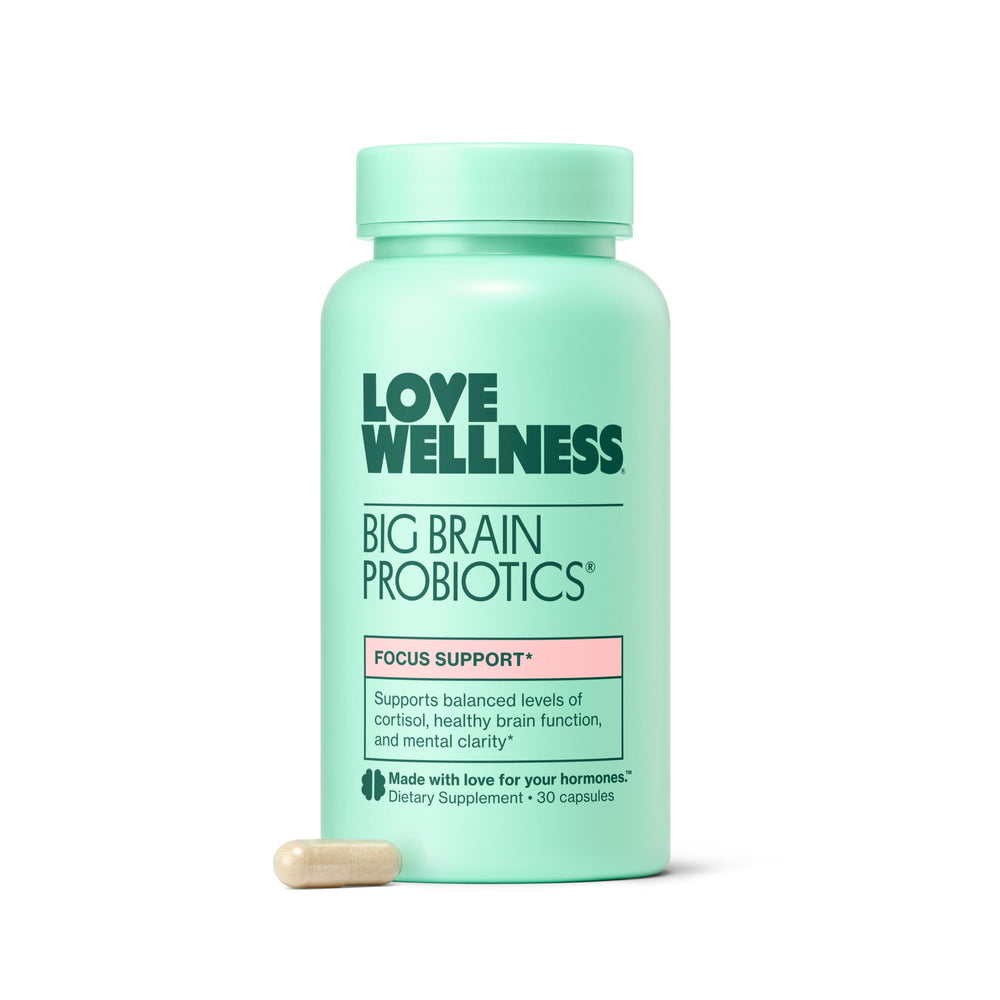 Love Wellness Big Brain Probiotics botella: apoyo cognitivo suave para el día.