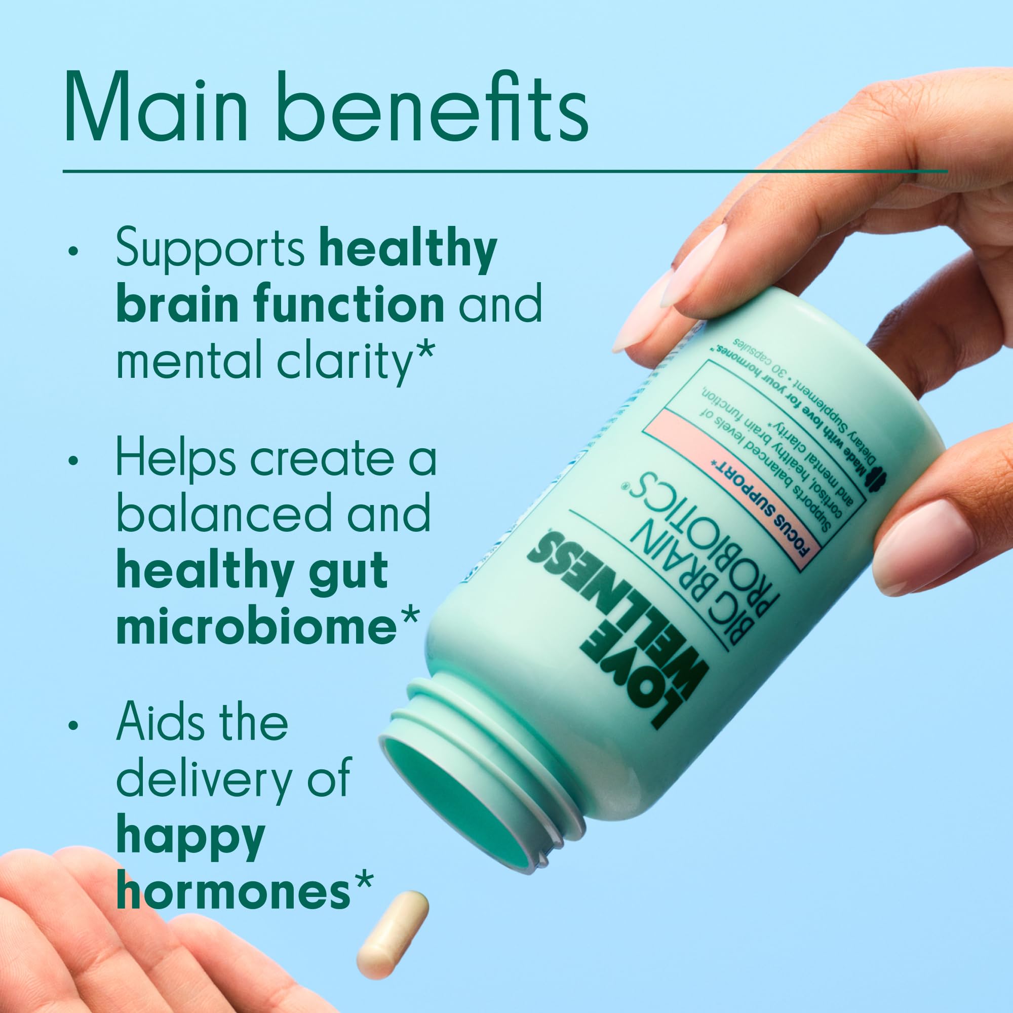 Love Wellness Big Brain Probiotics etiqueta frontal: información clara para usar correctamente.