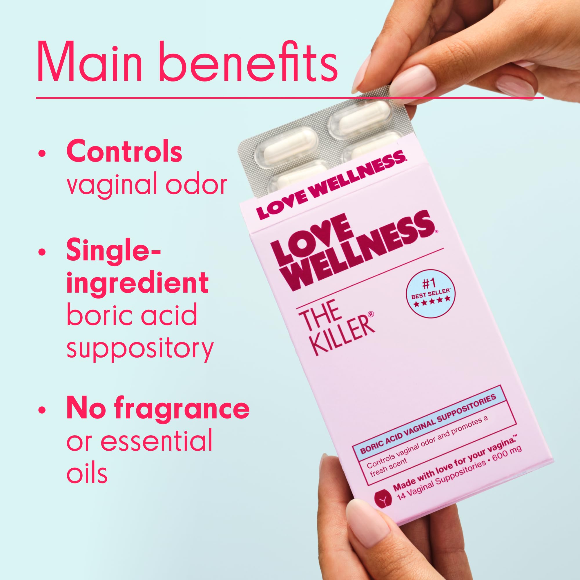 Close-up of Love Wellness The Killer boric acid suppositories for pH support.