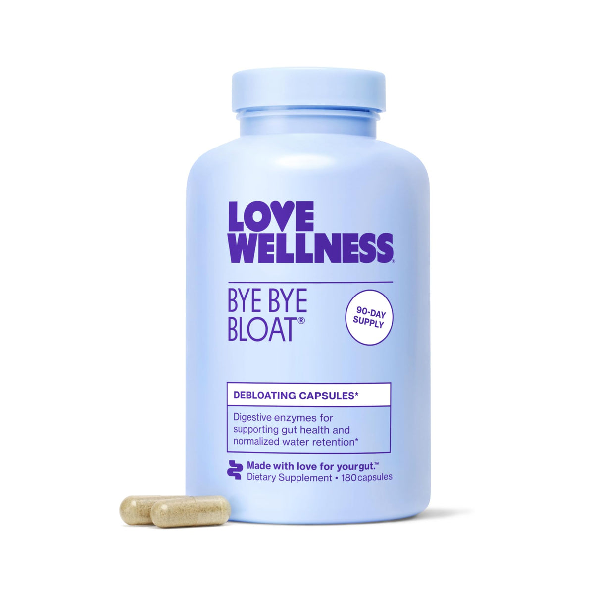 Love Wellness Bye Bye Bloat bottle front for daily digestion support.