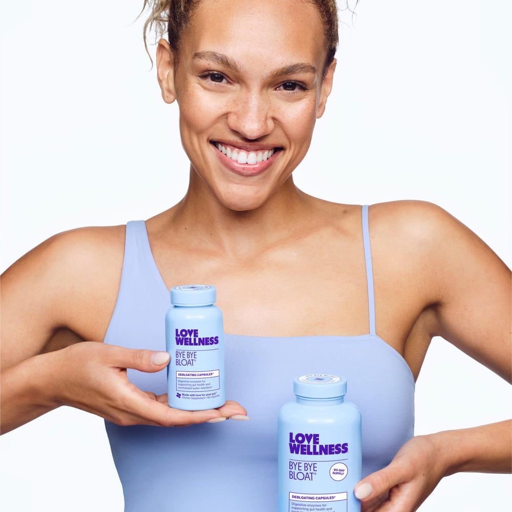 Badge highlights non-GMO, gluten-free, and dairy-free ingredients for Bye Bye Bloat.