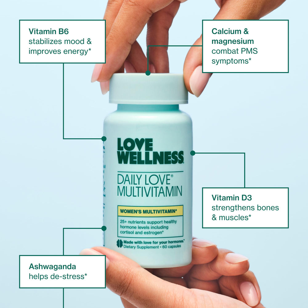 Love Wellness Daily Love capsules beside a glass of water for convenient use.