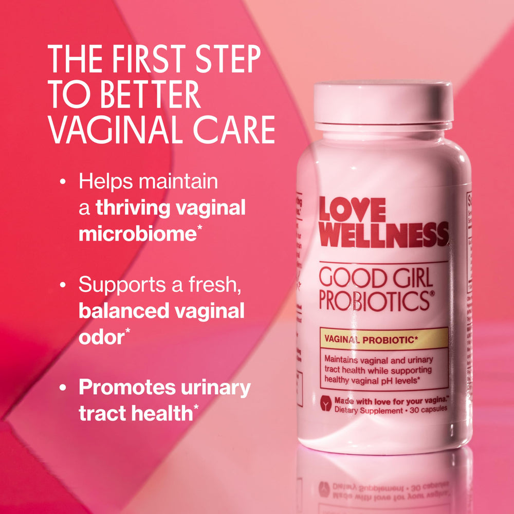 Love Wellness Good Girl Probiotics bottle back showing 9 strains for balance