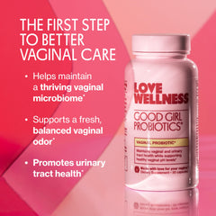 Love Wellness Good Girl Probiotics bottle back showing 9 strains for balance