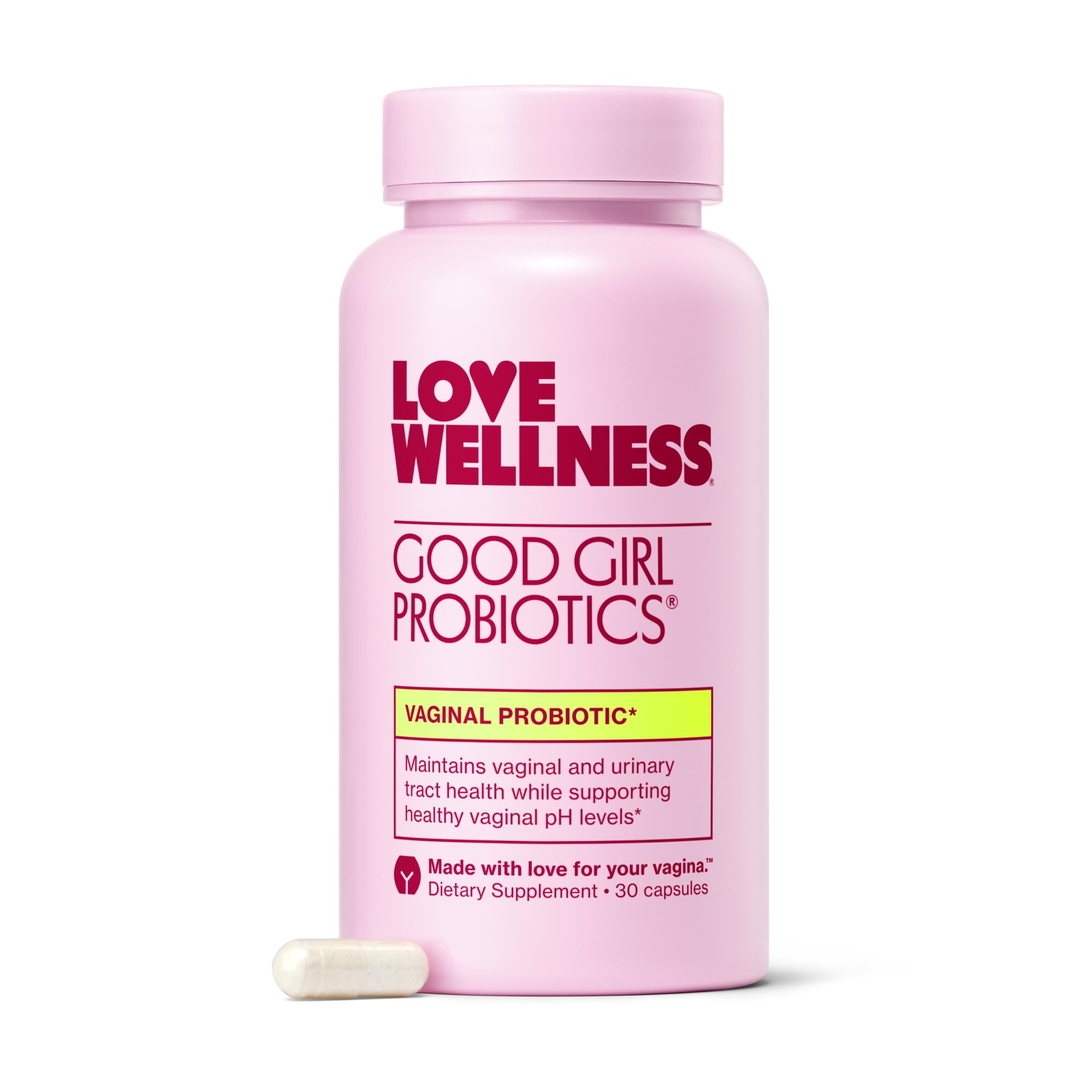 Love Wellness Good Girl Probiotics bottle front signaling daily vaginal health support