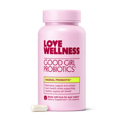 Love Wellness Good Girl Probiotics bottle front signaling daily vaginal health support