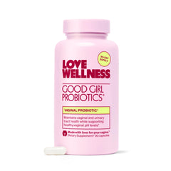 Love Wellness Good Girl Probiotics bottle front view, vegan capsule supports daily vaginal balance.