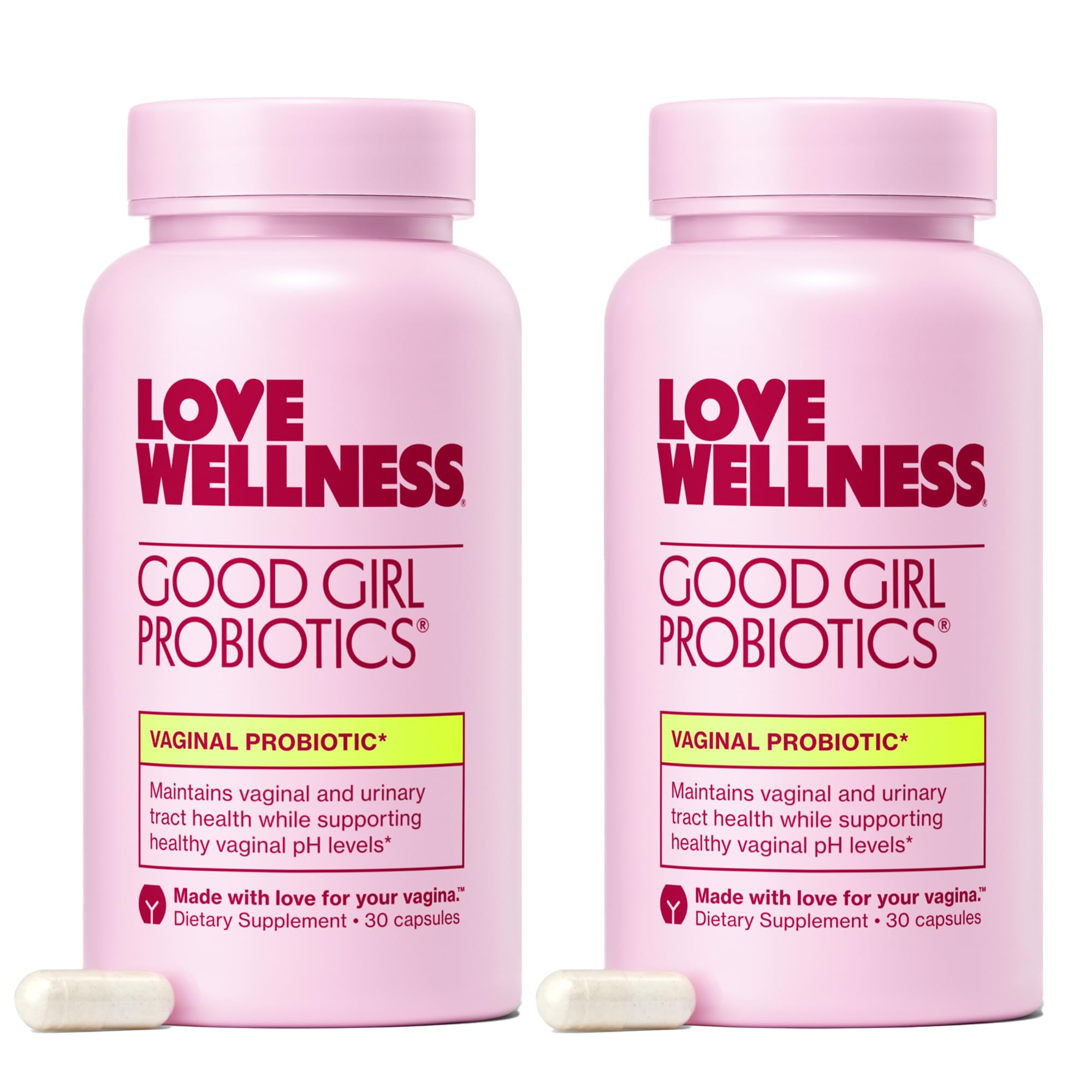 Love Wellness Good Girl Probiotics bottle pour promotes balanced vaginal pH and user-friendly daily use.