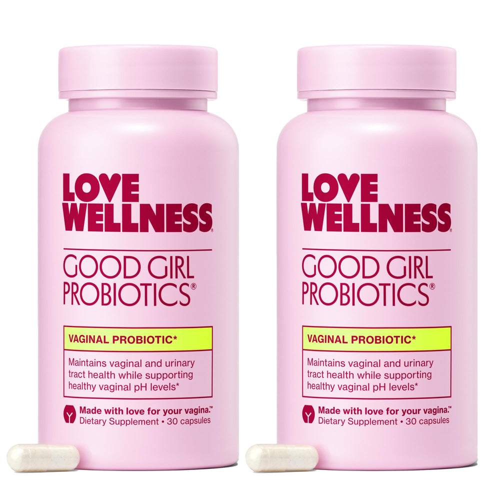 Love Wellness Good Girl Probiotics bottle pour promotes balanced vaginal pH and user-friendly daily use.