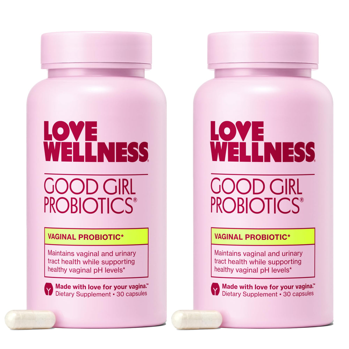 Love Wellness Good Girl Probiotics bottle pour promotes balanced vaginal pH and user-friendly daily use.