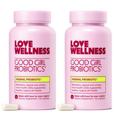 Love Wellness Good Girl Probiotics bottle pour promotes balanced vaginal pH and user-friendly daily use.