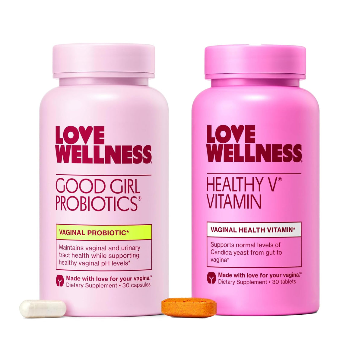 Love Wellness Good Girl Probiotics bottle showing a compact vegan capsule for balance