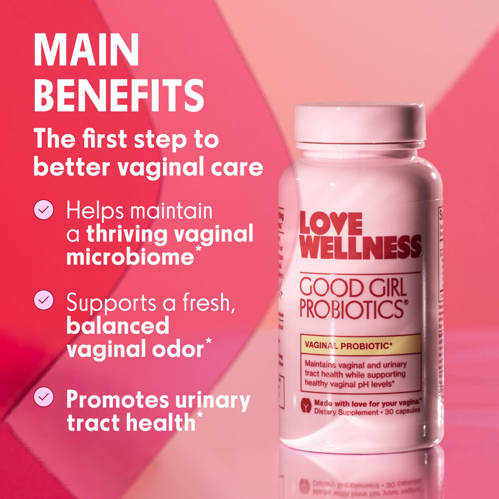 Love Wellness Good Girl Probiotics capsule closeup highlights the vegan capsule for daily support.