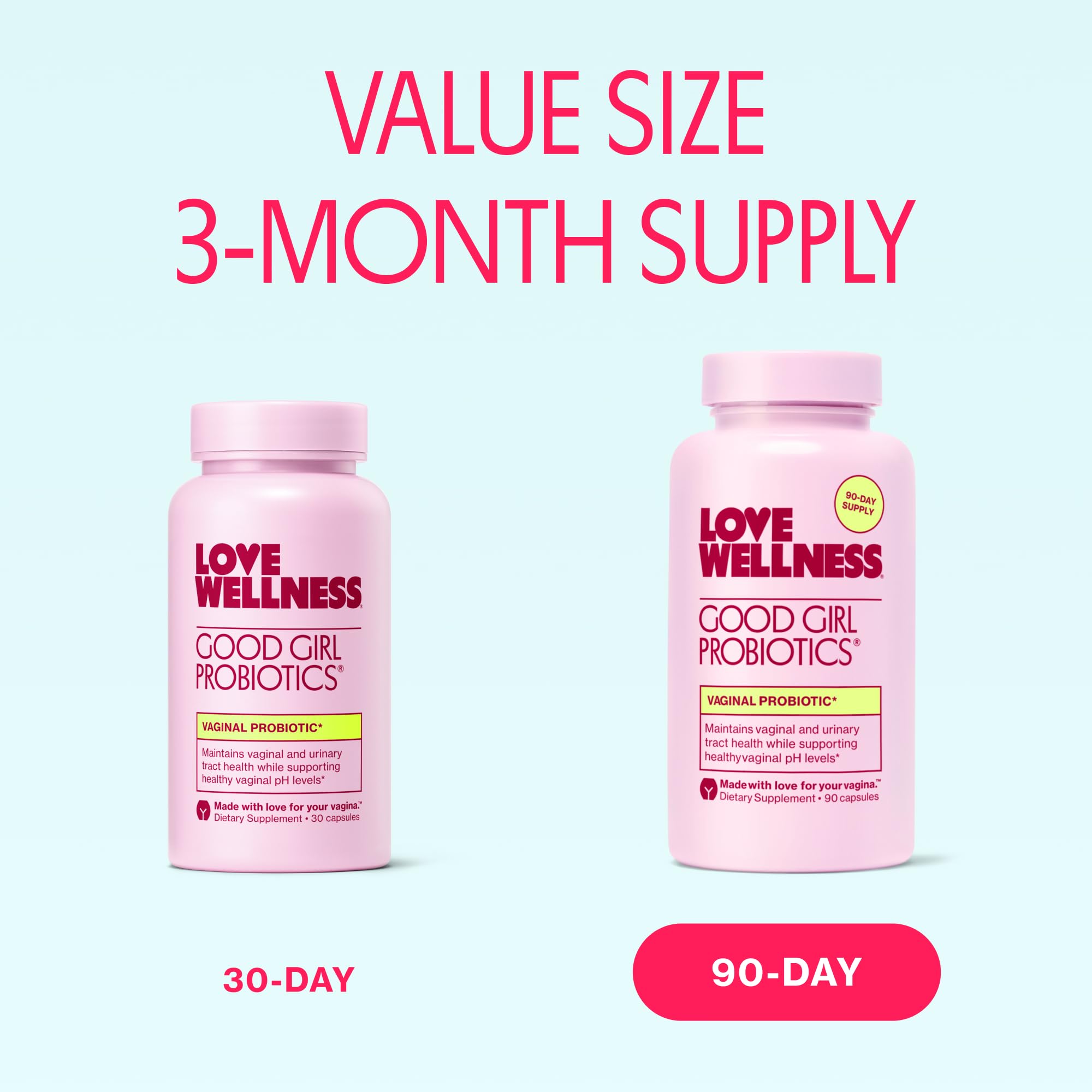 Love Wellness Good Girl Probiotics capsule close-up, compact daily vegan capsule for easy use.