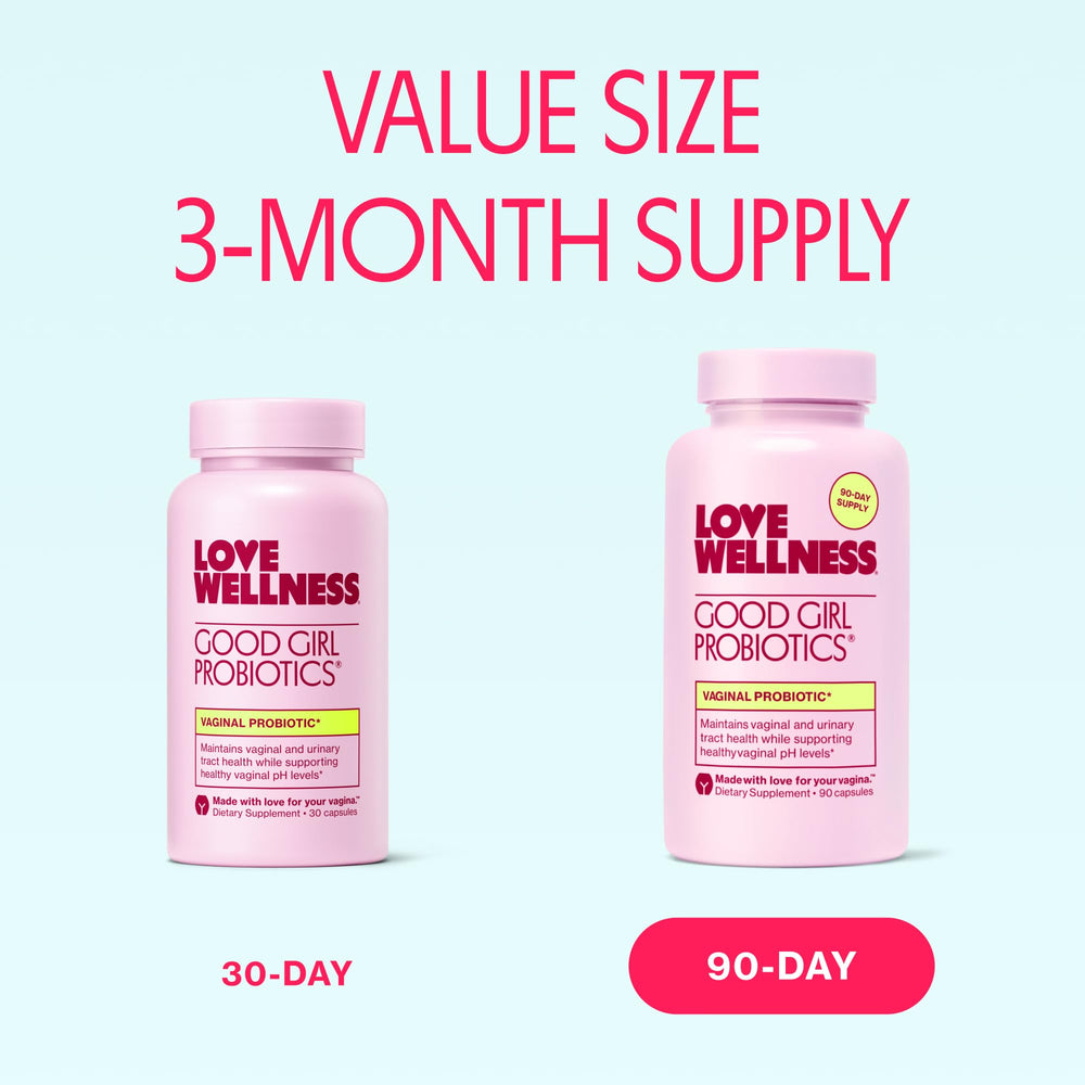 Love Wellness Good Girl Probiotics capsule close-up, compact daily vegan capsule for easy use.