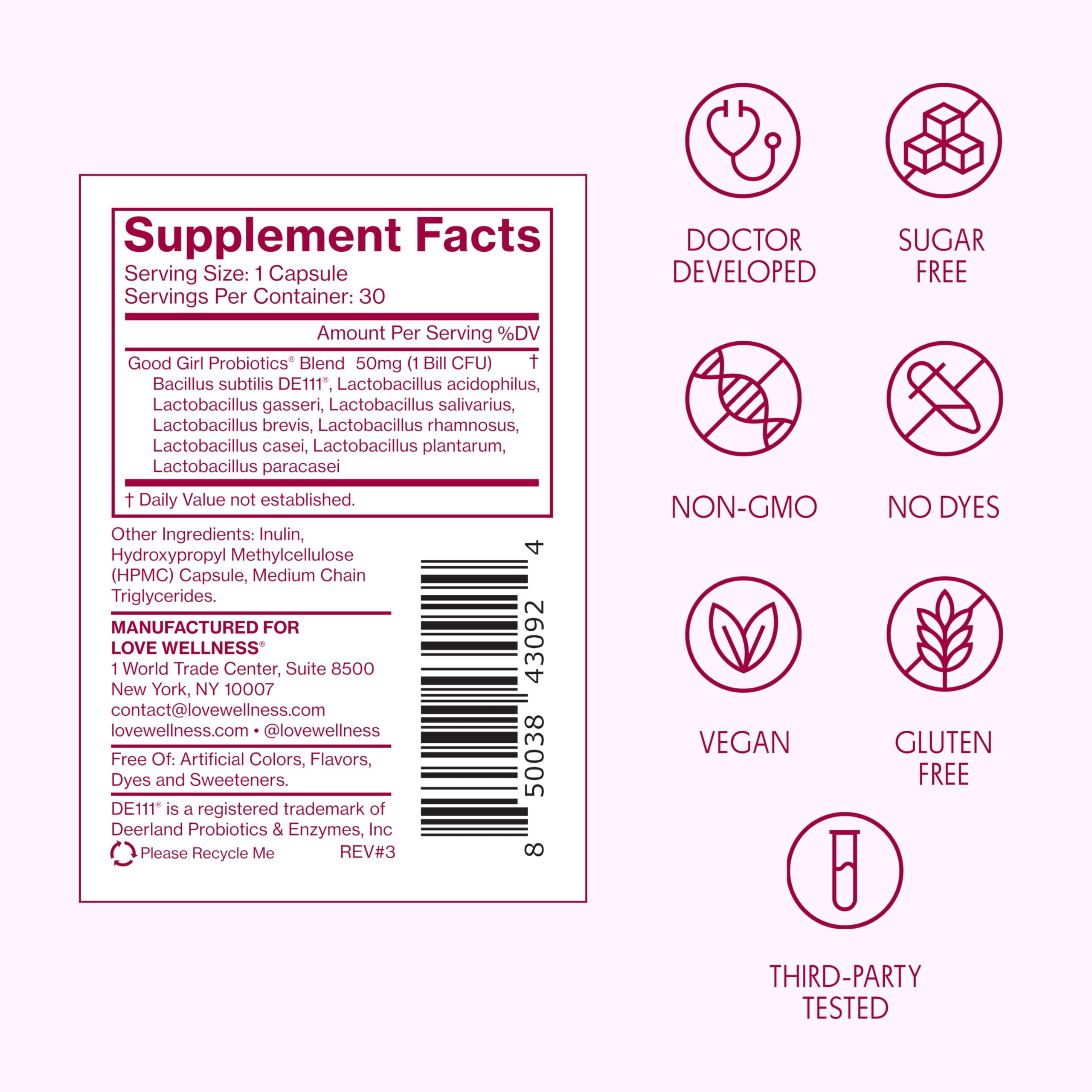 Love Wellness Good Girl Probiotics daily-use image showing one capsule routine
