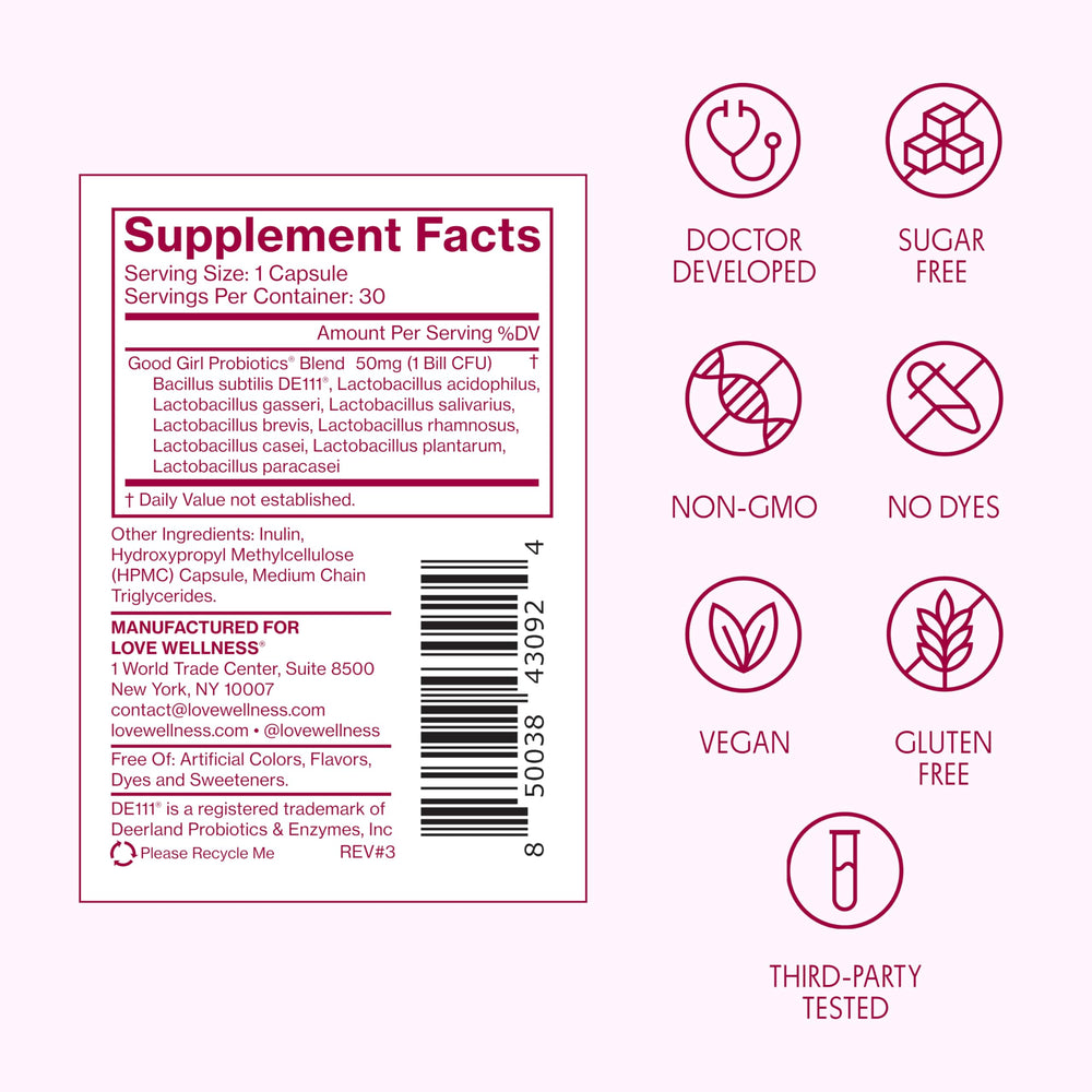 Love Wellness Good Girl Probiotics daily-use image showing one capsule routine