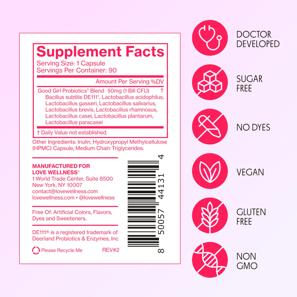 Love Wellness Good Girl Probiotics with glass of water, supporting a simple daily routine.