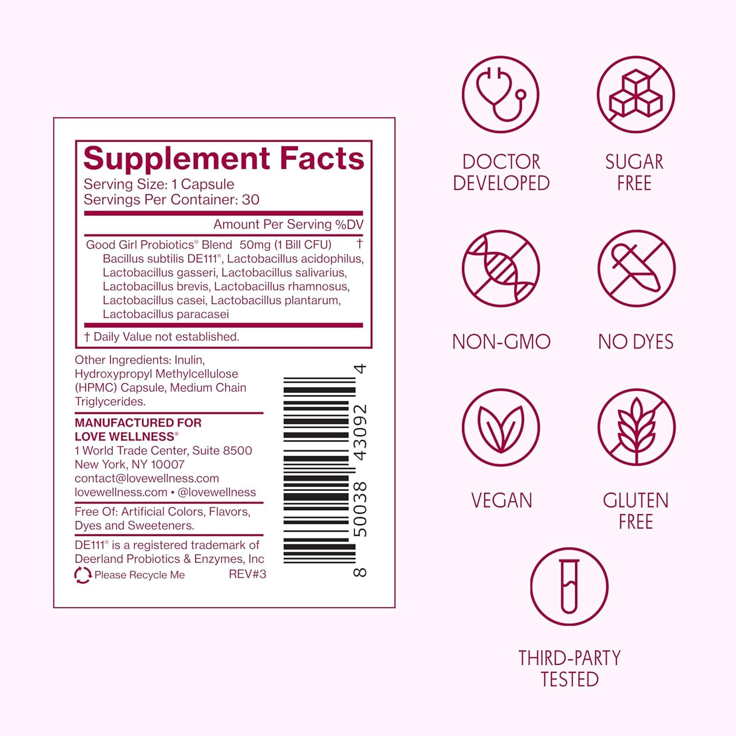 Love Wellness Good Girl Probiotics urinary-tract support in a capsule closeup.