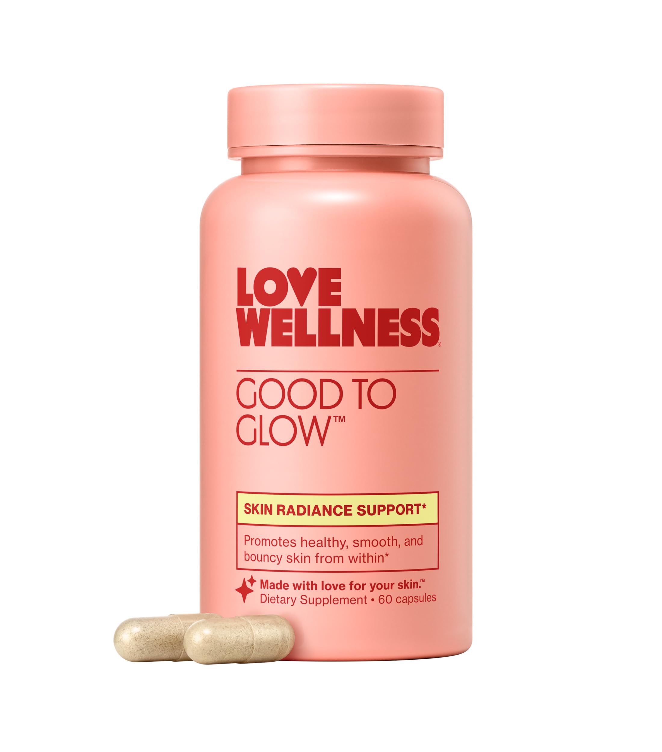 Love Wellness Good to Glow bottle pour shows antioxidant skin support with daily collagen benefits