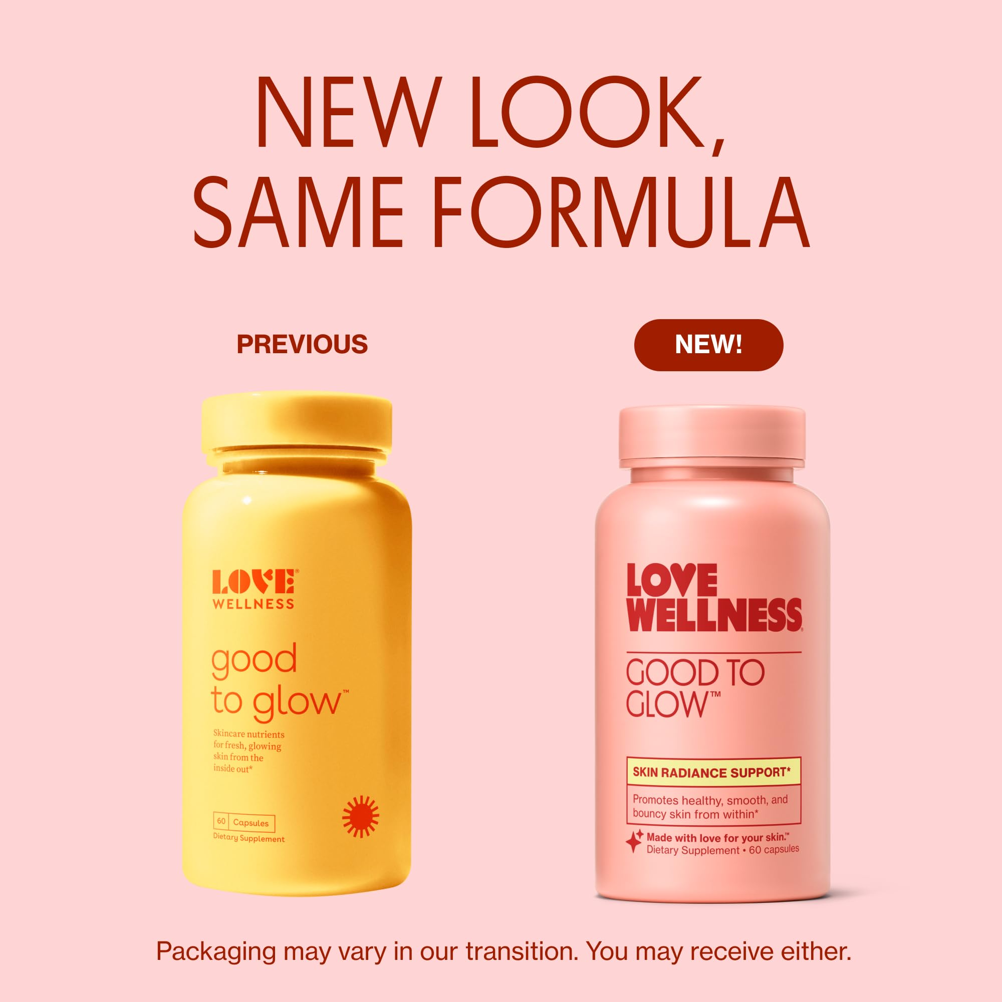Love Wellness Good to Glow capsules closeup for convenient daily use and brighter skin texture