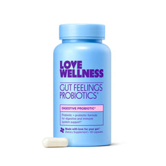Love Wellness Gut Feelings Probiotic bottle for daily gut balance and immunity