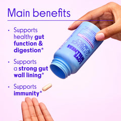 Love Wellness Gut Feelings Probiotic label shows prebiotics, probiotics, and postbiotics