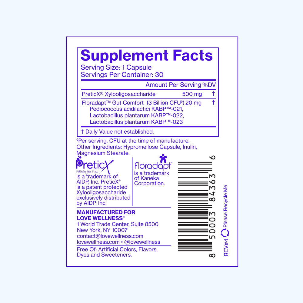 Love Wellness Gut Feelings Probiotic packaging highlights ingredients and usage directions