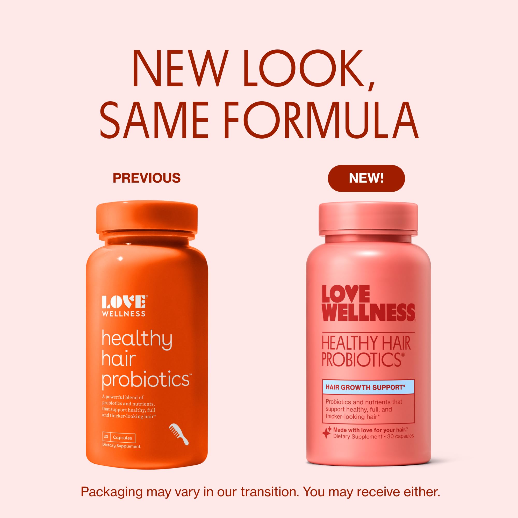 Love Wellness Healthy Hair Probiotics label close-up, vegan and gluten-free formula highlighted.