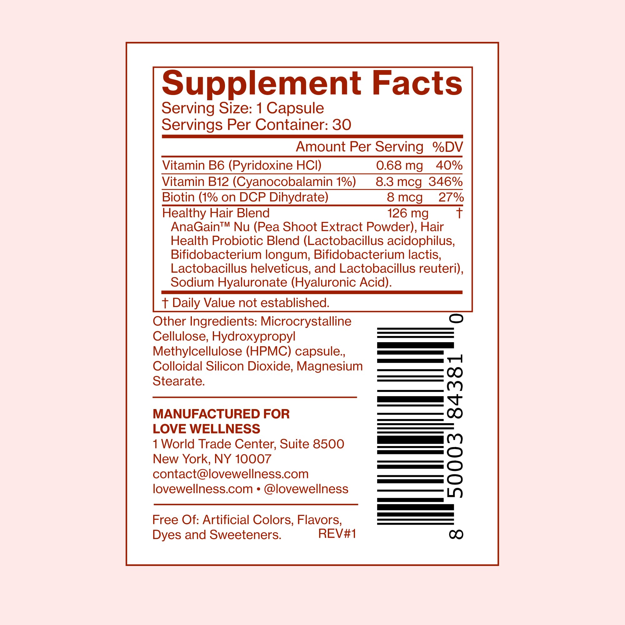 Packaging shot of Love Wellness Healthy Hair Probiotics 30 capsules.