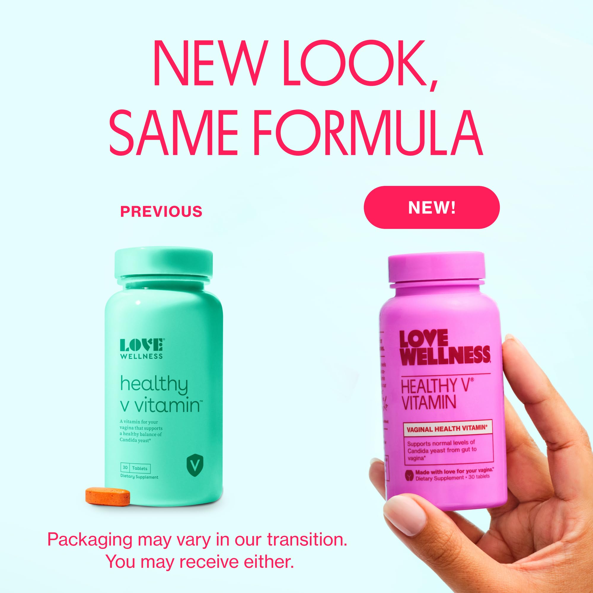 Love Wellness Healthy V Vitamin bottle side view highlighting easy daily use.