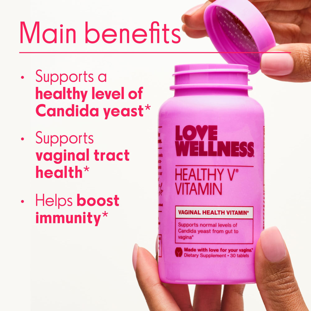 Love Wellness Healthy V Vitamin ingredients panel showing turmeric and garlic benefits.